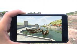 An image of a person holding a phone to see a canal and boats on the screen.