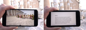 Two views of a smartphone screen, one with a street view and one with text. 