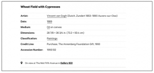 Figure 8: Screenshot of the variation of the tombstone information where artist name, date, medium, and classification are clickable.