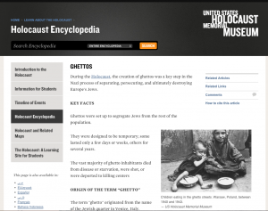 Screenshot of the Holocaust Museum online Encyclopedia 2015 article on Ghettos 