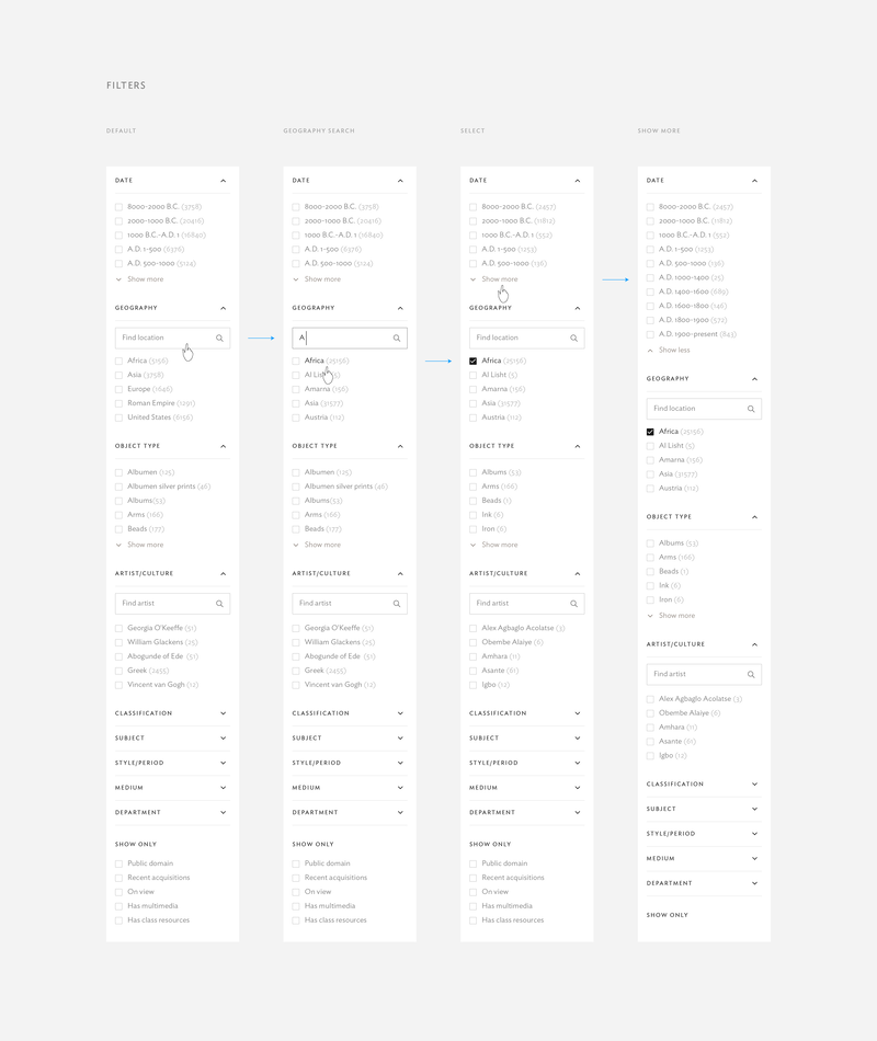 A screenshot of different filters available for search