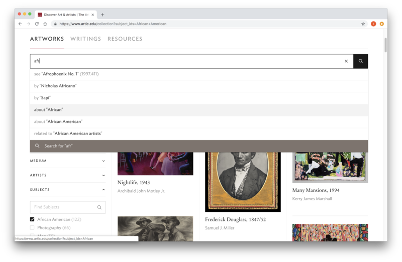 A screenshot of search for African American artists and its results