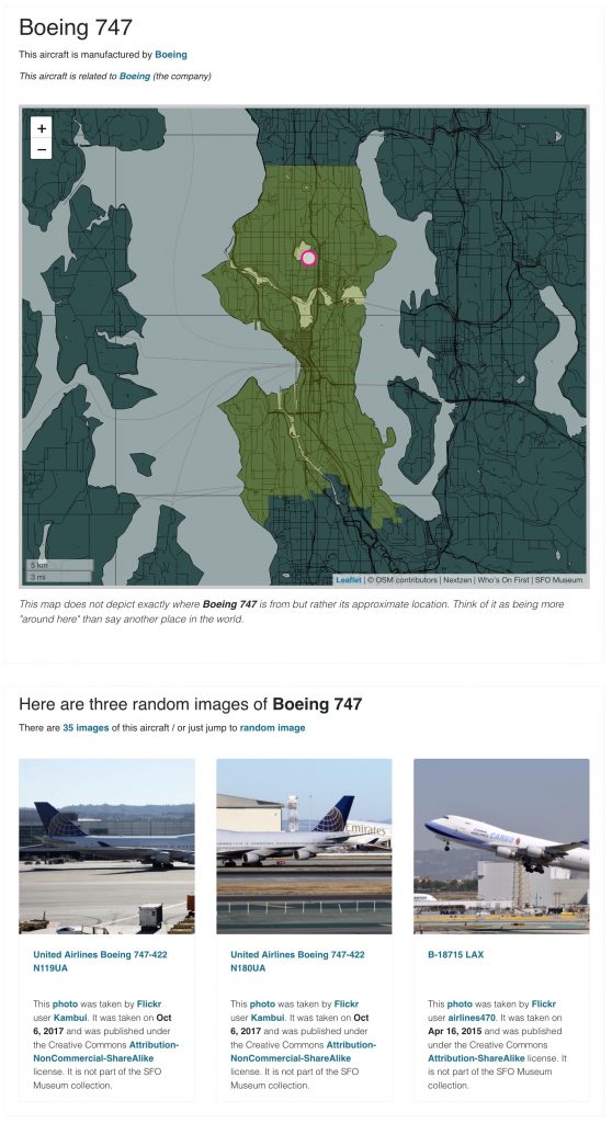Screenshot of the SFO Museum web page for the Boeing 747.