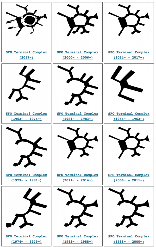 Screenshot of contemporary and historical geometries for buildings on the SFO campus (Aug. 2018).