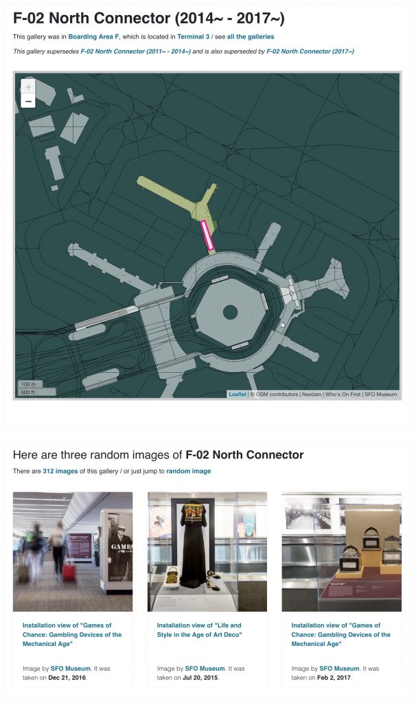 Screenshot of the SFO Museum web page for the F-02 North Connector gallery space in Terminal 3 (c. 2014-17).