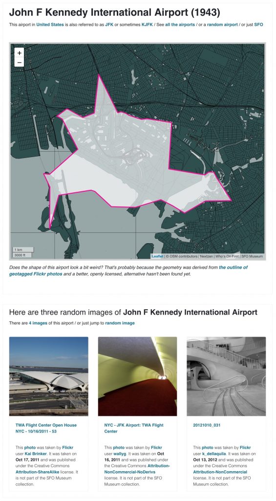 Screenshot of the SFO Museum web page for John F Kennedy International Airport.