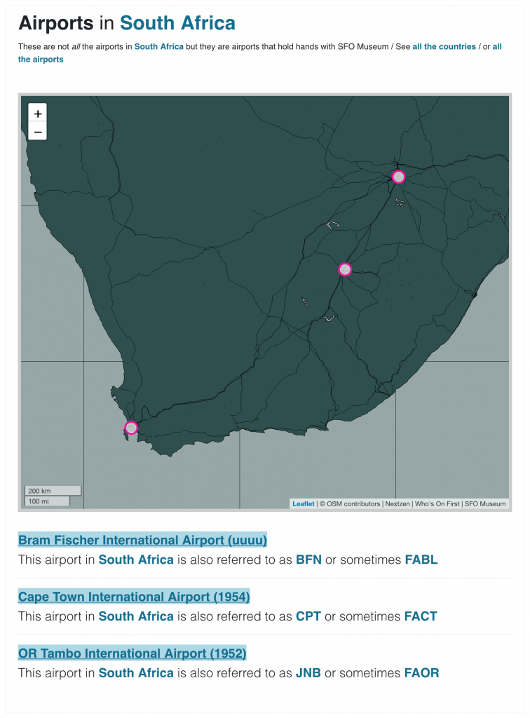 Screenshot of the SFO Museum web page for airports related to the SFO Museum collection from the country of South Africa.