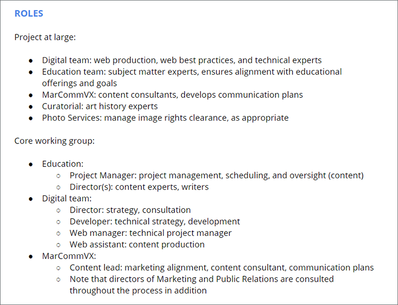 Figure 5: Project role definition outlined in Insights project manual
