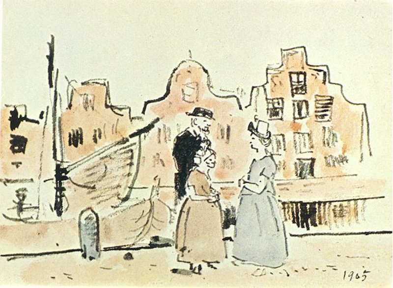 A Pablo Picasso painting of two women and a man on the street speaking.