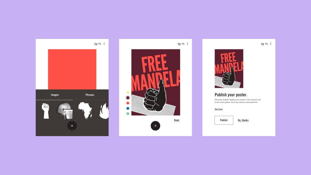 Multiple iPad screens with the slogan "Free Mandela" and interface buttons.