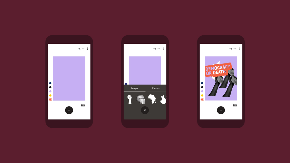 Multiple iPhone screens with collage elements.