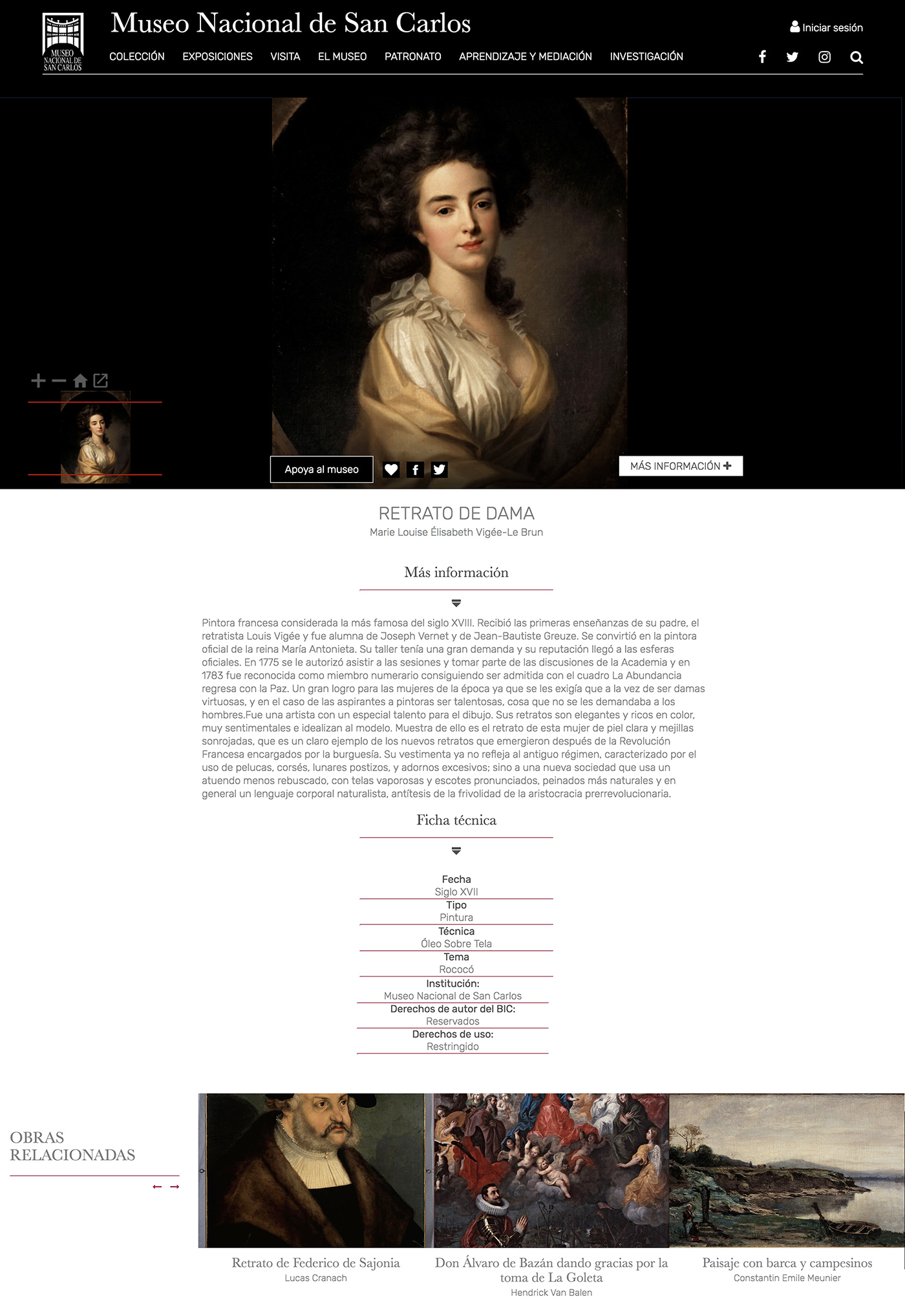 Screenshot of Graphic interface of Museos de México (Museo Nacional de San Carlos)