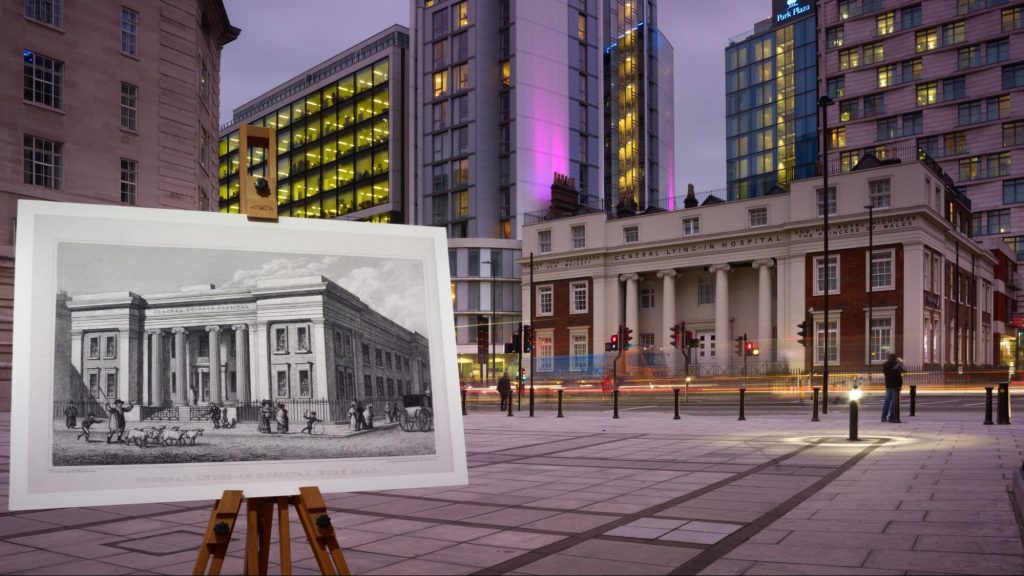 A photo showing a history image of a hospital, juxtaposed with a current view on the street.