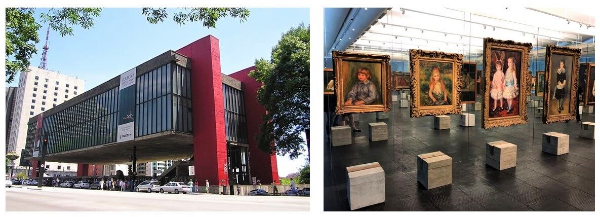 Architecture and expography of the São Paulo Museum of Art, in which the paintings are suspended by individual glass trestles.
