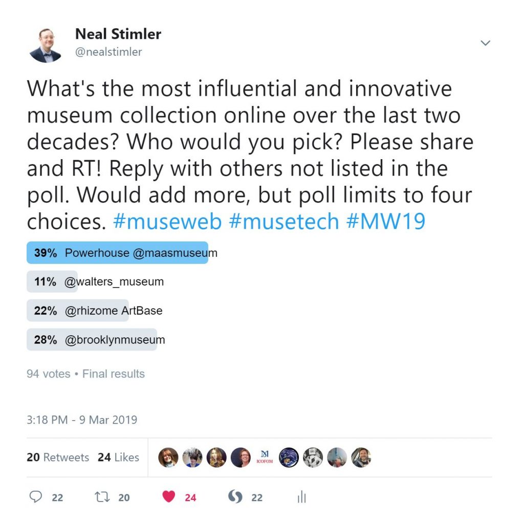 Figure 1. @nealstimler Twitter Poll. "What's the most influential and innovative museum collection online over the last two decades?" Published March 9, 2019, 12:18 PM EST.